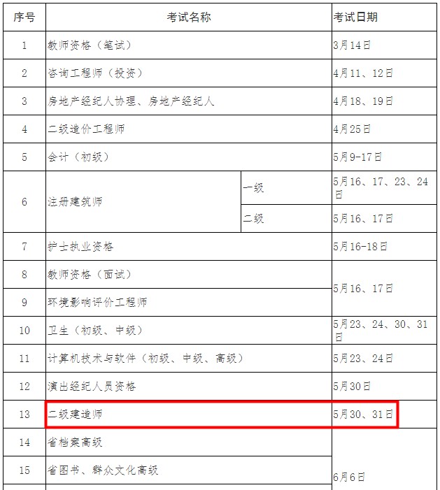 浙江二級建造師考試時間