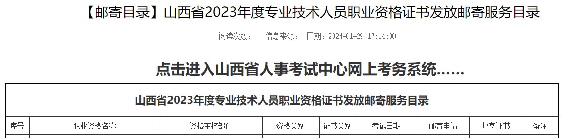 山西省2023年度專業(yè)技術人員職業(yè)資格證書發(fā)放郵寄服務目錄